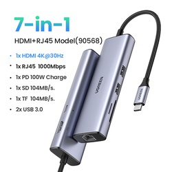 UGREEN USB-C Multifunction Adapter 7 in 1 HUB,  CM512 USB-C to USB 3.0 (2 Ports) + HDMI + Gigabit Ethernet + SD & TF Card Reader + USB-C PD" HUB