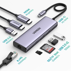 Ugreen USB-C Multifunction  9 in 1 USB HUB , USB-C to USB 3.0 (2 Ports) + USB 2.0 + HDMI (2 Ports) + Gigabit Ethernet + SD & TF Card Reader + USB-C PD