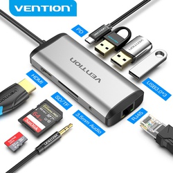 Vention Type C to  Multi function 9 IN 1 Docking Station, Type C to USB 3.0 (3 PORTS) + GIGABIT EITHERNET + HDMI + SD & TF CARD READER + 3.5MM AUDIO + TYPE C PD