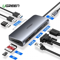 Ugreen USB-C Multifunction  9 in 1 USB HUB, USB-C to USB 3.0 (2 Ports) + HDMI + DP + VGA + Gigabit Ethernet + SD & TF Card Reader + USB-C PD