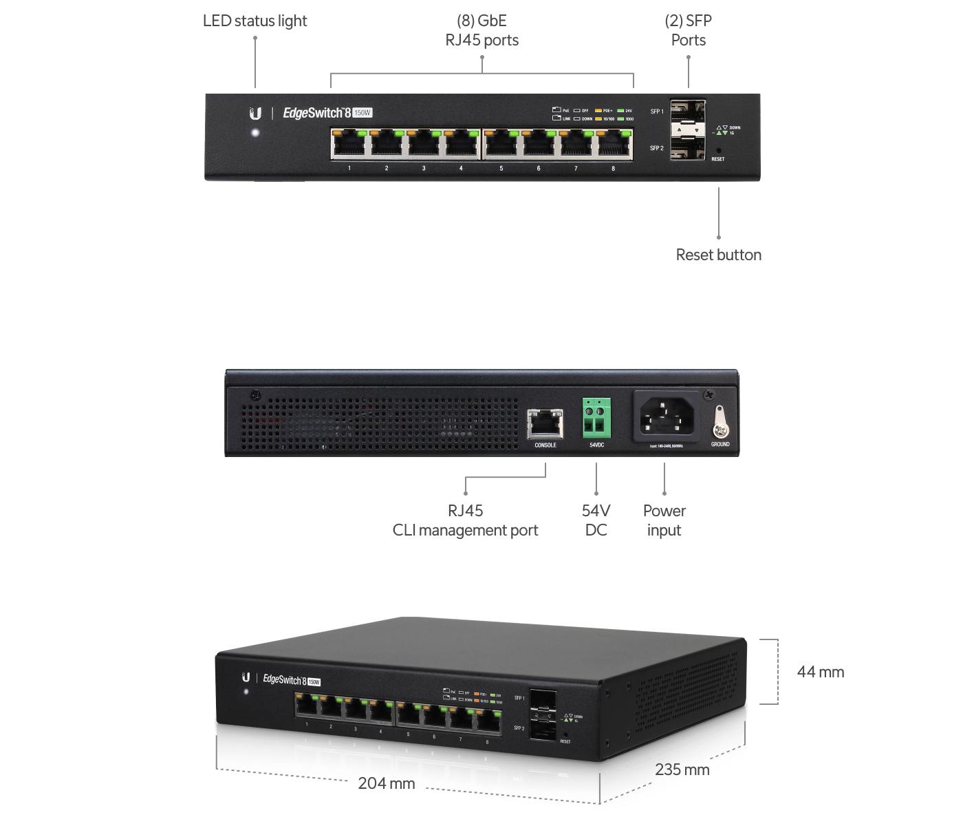 Ubiquiti EdgeSwitch 8-Port Managed PoE+ Gigabit Switch with SFP 150W [ES-8-150W]