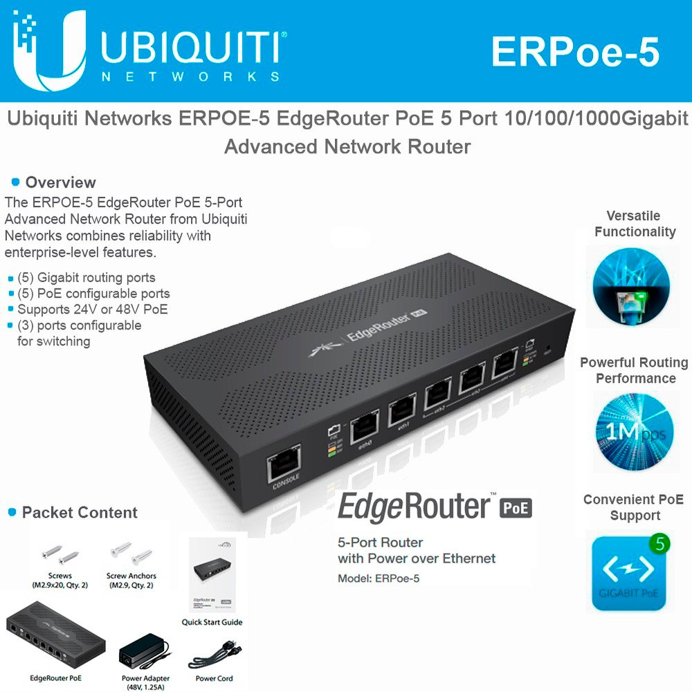 ERPOE-5-US, Ubiquiti 5-Port EdgeRouter PoE Advanced Router