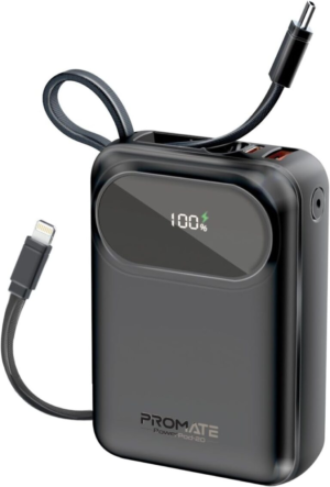 Promate POWERPOD-20 BLACK 20000mAh Compact Power Bank with Built-In Cables