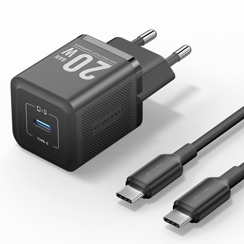 Vention 1-Port USB-C GaN Charger (20W) with USB-C to USB-C Cable (1M) UK-Plug Black – TZ-FEPB0-UK-01