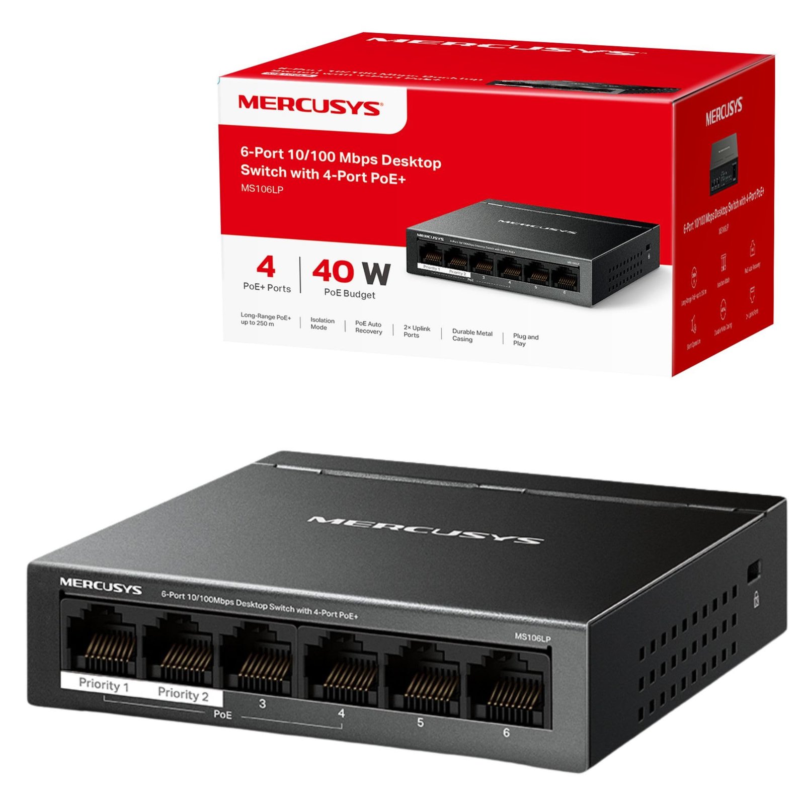 MERCUSYS 6-Port 10/100Mbps Desktop Switch with 4-Port PoE+ - Model No: TL-MS106LP